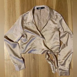 Cropped satin wrap blouse